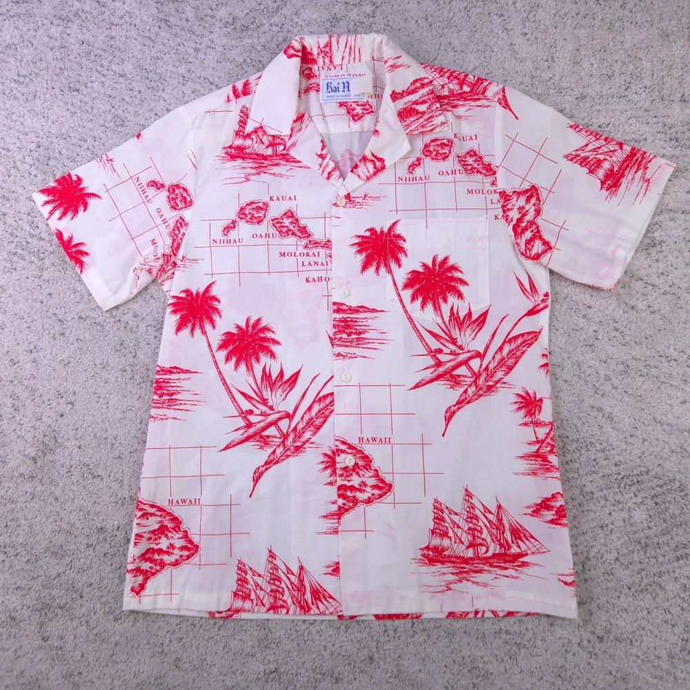 VTG Hawaiian Shirt Mens Small Tiki Aloha Map Rai Nani White Red Nautical 70s 80s